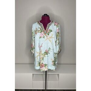 Soft Surroundings‎ Tunic Top Women's Medium floral aqua 3/4 Sleeve